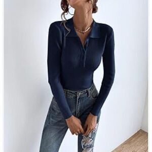 Violets & Roses NWT Women Small Blue Ribbed Knit Long Sleeve Bodysuit Fall Chic